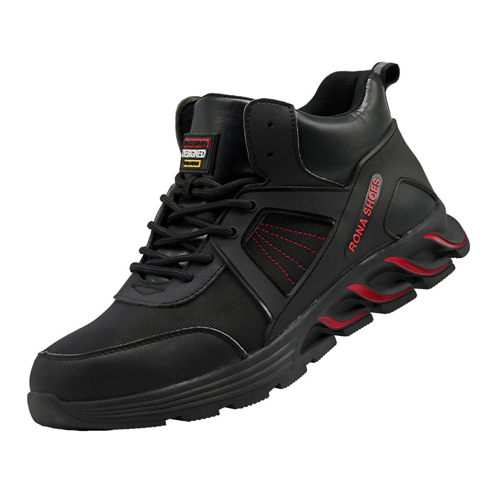 Black and top red work boots